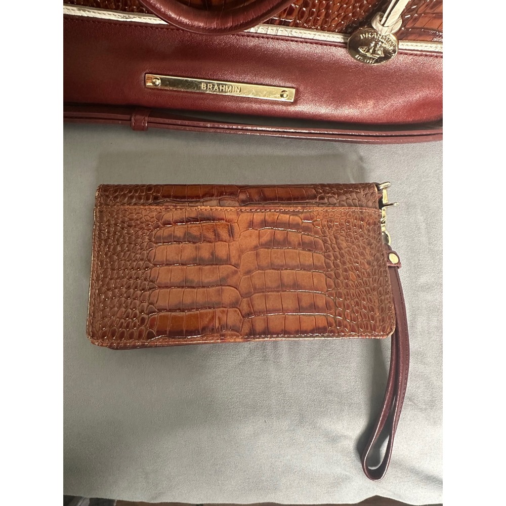 Brahmin Burgundy Brown Croc Embossed Leather Satchel Handbag and Wallet Set - Picture 8 of 16